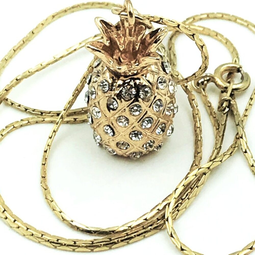 PINEAPPLE NECKLACE PENDANT CHAIN GOLDTONE METAL RHINESTONE CRYSTAL GLASS
